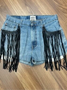 Furst of a Kind Blue Denim Fringe Jean Shorts with Black Fringe
